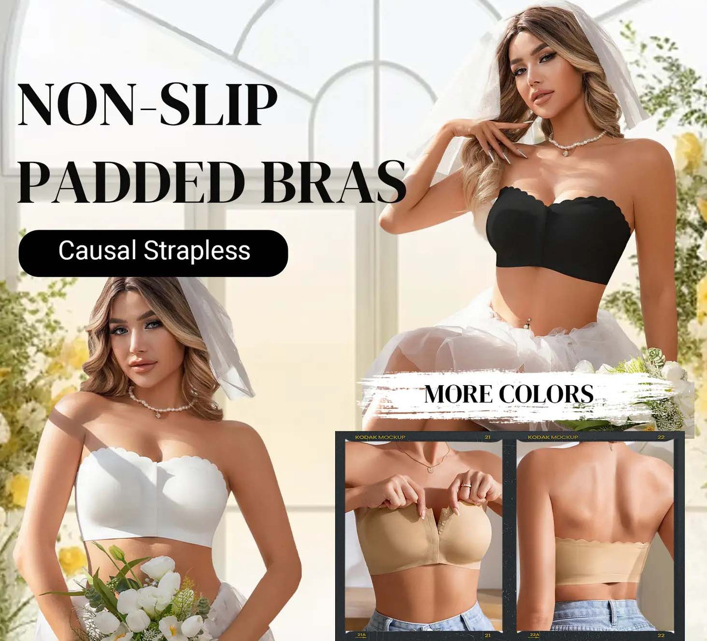 Saumaton etukiinnitys olkaimilla ja bandeau-rintaliivillä
