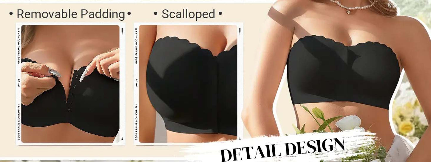 Saumaton etukiinnitys olkaimilla ja bandeau-rintaliivillä