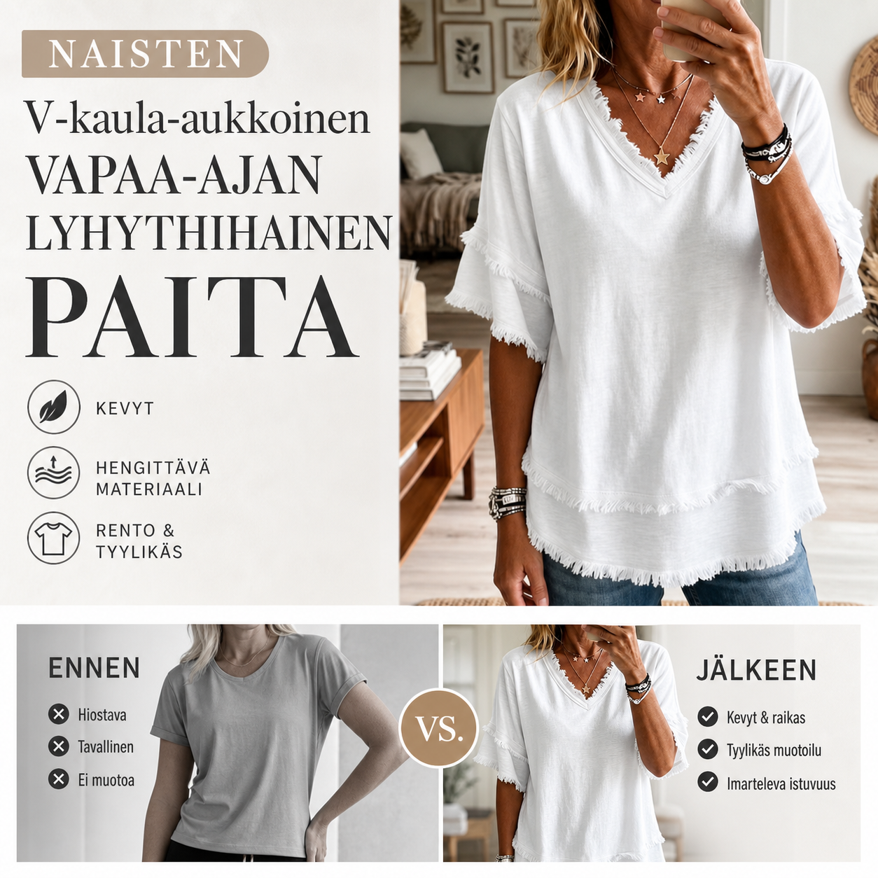 \n Naisten V-kaula-aukkoinen vapaa-ajan lyhythihainen paita\n – nordlmorning