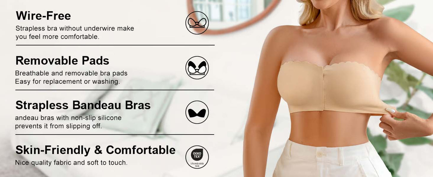Saumaton etukiinnitys olkaimilla ja bandeau-rintaliivillä