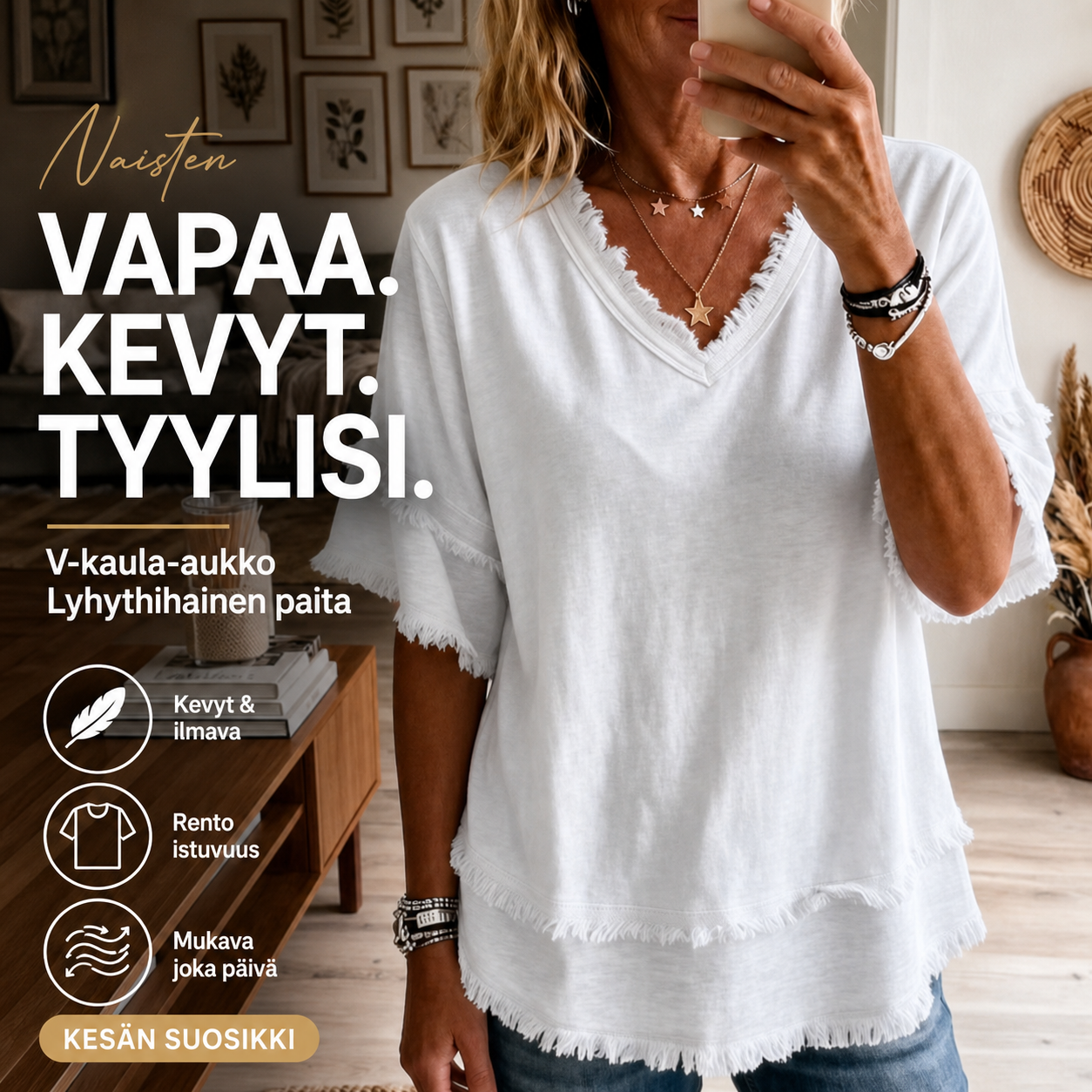 \n Naisten V-kaula-aukkoinen vapaa-ajan lyhythihainen paita\n – nordlmorning