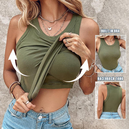 Chicme rund hals innebygd BH ribbet tanktopp passform avslappet komfortabel-💥