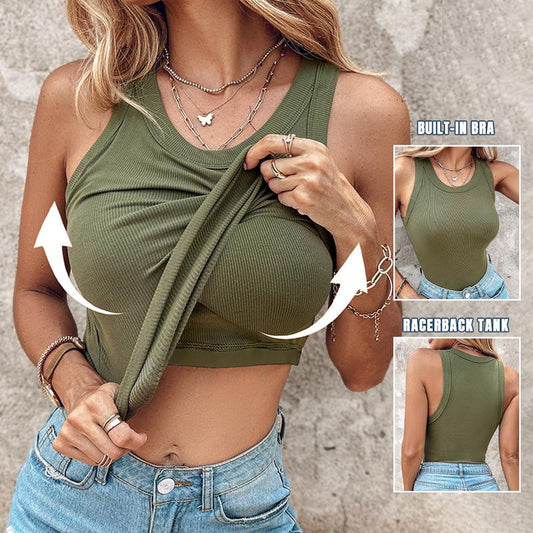 Chicme rund hals innebygd BH ribbet tanktopp passform avslappet komfortabel-💥
