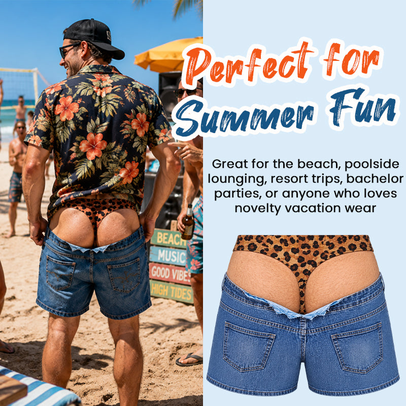 Roliga badshorts i leopardmönster, som ser ut som denim | Originala badshorts med optisk illusion