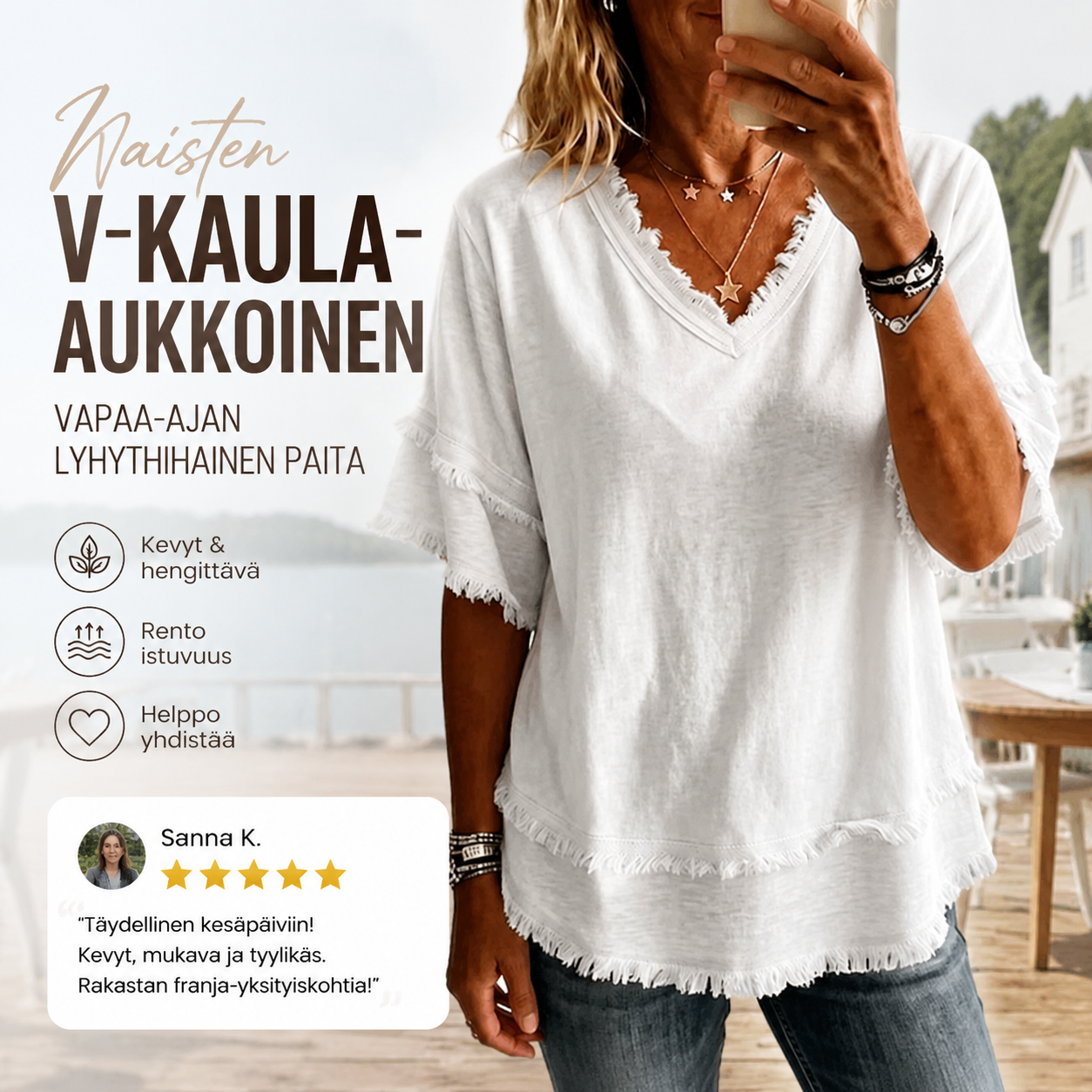 \n Naisten V-kaula-aukkoinen vapaa-ajan lyhythihainen paita\n – nordlmorning
