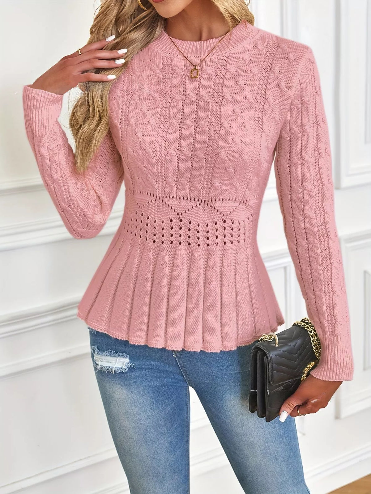 ⏳Tidsbegränsat 50 % rabatt⏰Damernas grovstickade peplumtröja med rund hals🧶👚✨