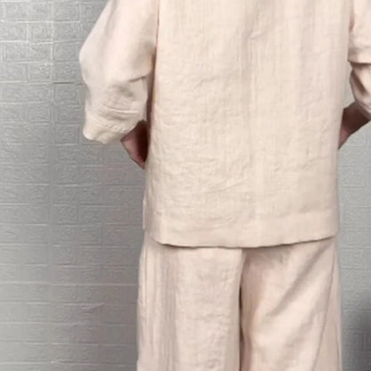 💃🌺Epäsäännöllinen helma puuvilla-pellava lyhythihainen rento 2-osainen setti
