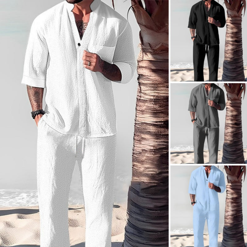 🔥Begrenzte Zeit 50% Rabatt🌿💧 Stylisches zweiteiliges Set für Männer aus Baumwolle und Leinen: Oberteil und Hose