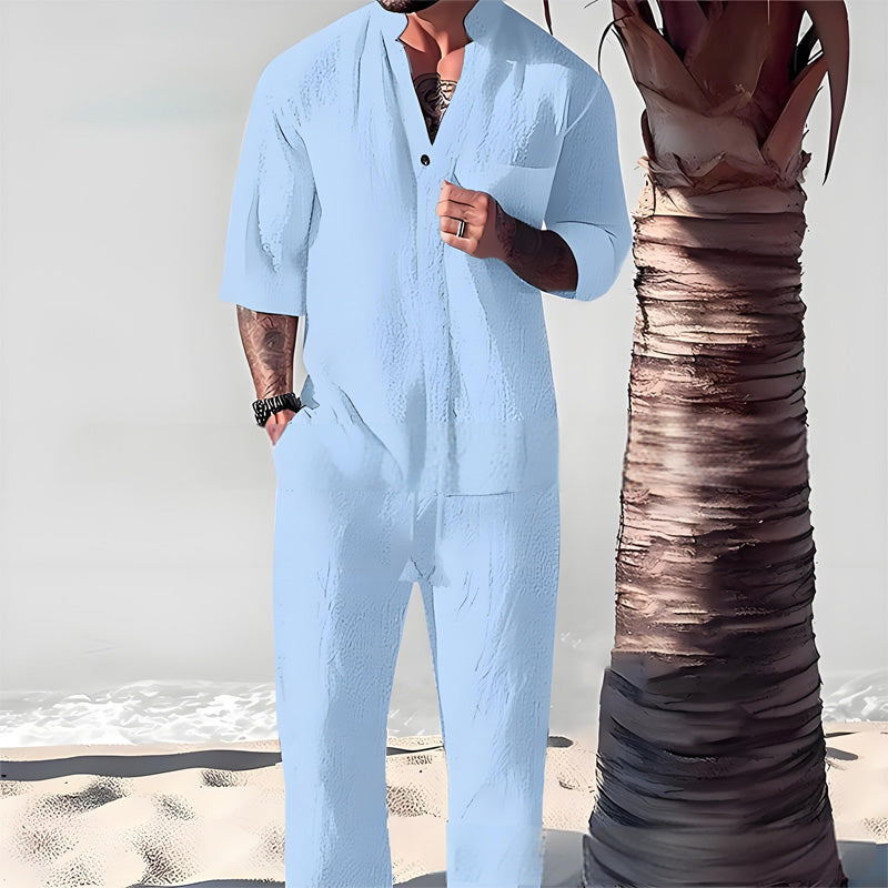 🔥Begrenzte Zeit 50% Rabatt🌿💧 Stylisches zweiteiliges Set für Männer aus Baumwolle und Leinen: Oberteil und Hose