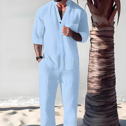 🔥Begrenzte Zeit 50% Rabatt🌿💧 Stylisches zweiteiliges Set für Männer aus Baumwolle und Leinen: Oberteil und Hose