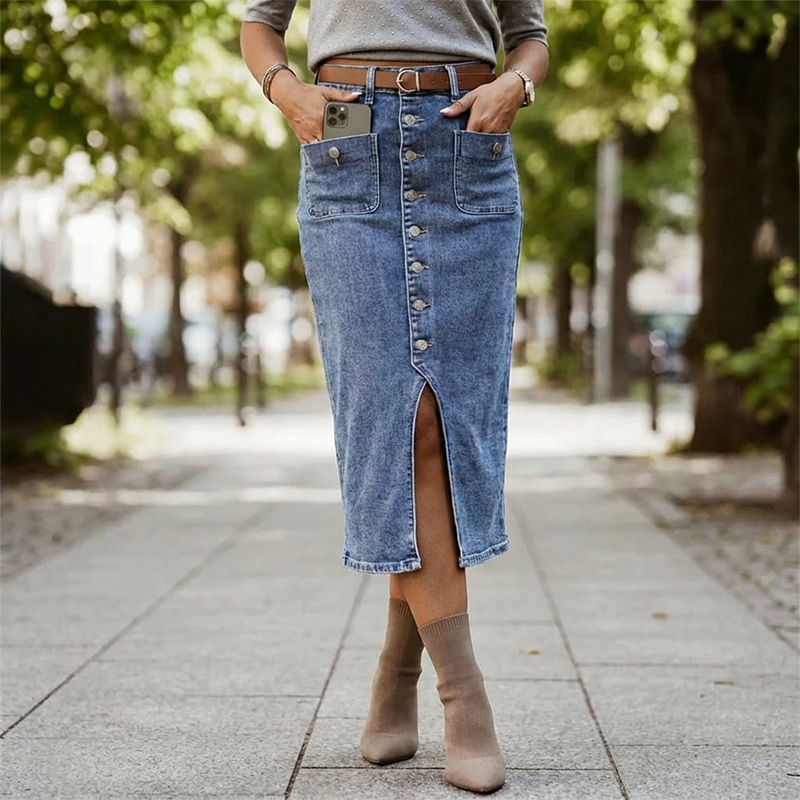 👗 60% RABATT! ⏳ Högmidjad Denimkjol med Knappar Fram – Klädsam A-linje, Justerbar passform & Klassisk stil 💙