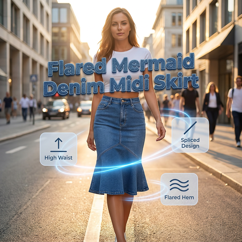 Midi-kjol i denim med utsvängd sjöjungfrumodell