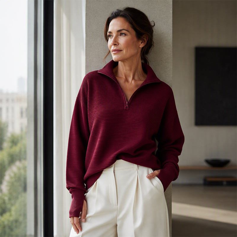 Dam Halvzip Ribbad Pullover Tröja – Avslappnad passform